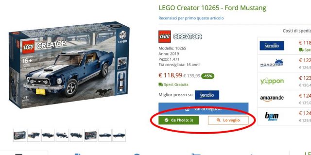 Pulsanti per gestione collezione sulla pagina del set LEGO